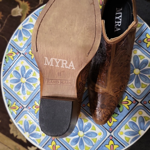 Myra Bag Brown Tooled Floral Leather Ankle Boots - Picture 4 of 10